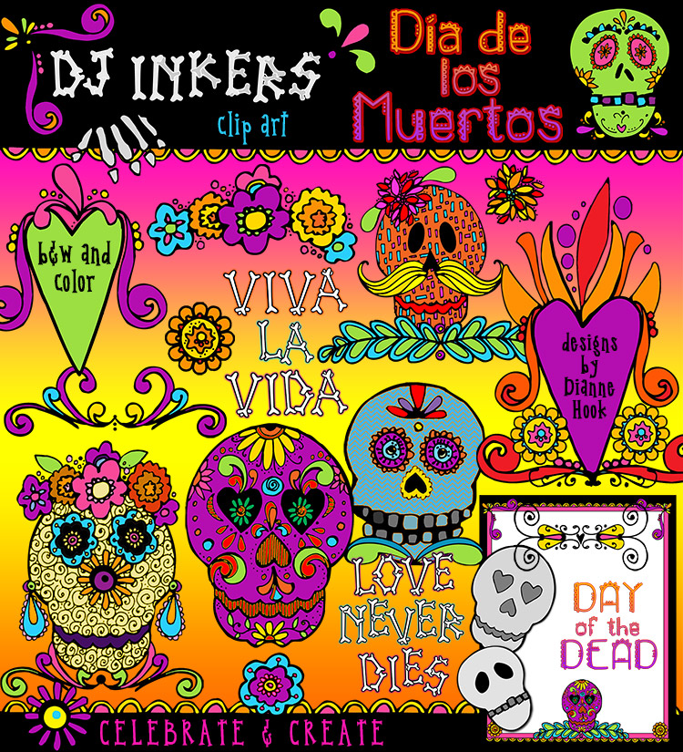 Spooky sweet clip art & sugar skull smiles to celebrate the Day of the Dead -DJ Inkers
