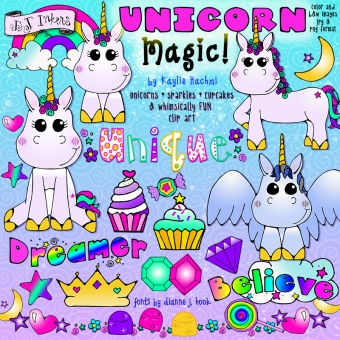 Cute unicorn clip art and magical doodles by DJ Inkers