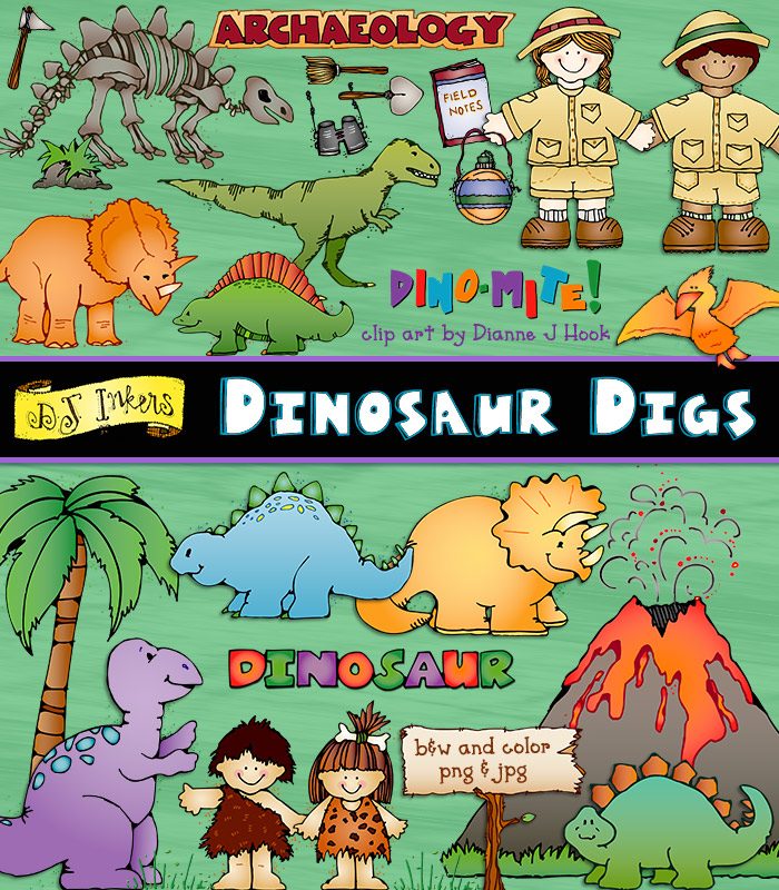 Fun dinosaur clip art and prehistoric smiles for kids, teachers & archaeology by DJ Inkers