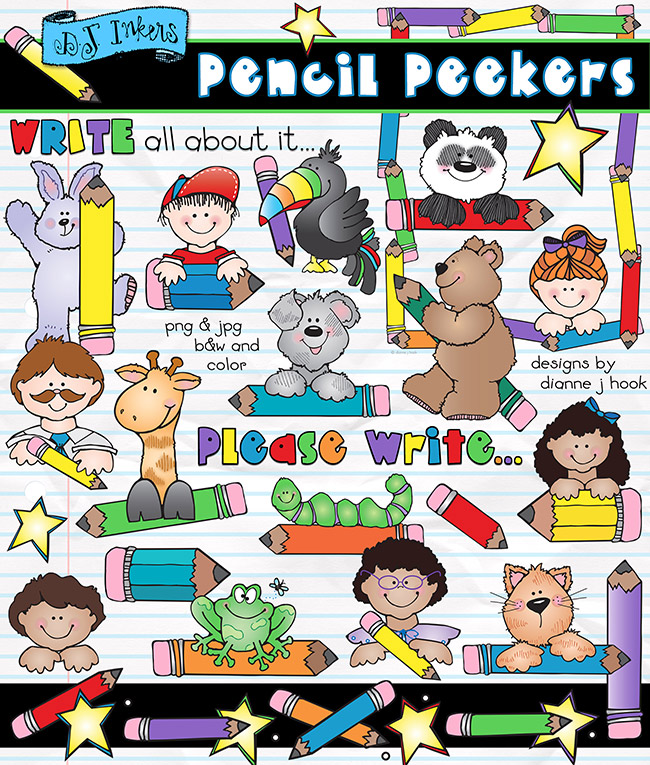 Cute clip art with kids and animals holding pencils for writing and smiles at school by DJ Inkers