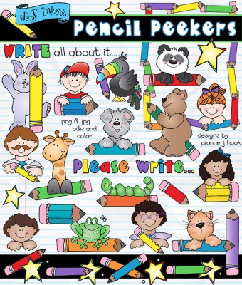 Cute teacher clip art with kids, animals and pencil pals for writing and smiles at school -DJ Inkers