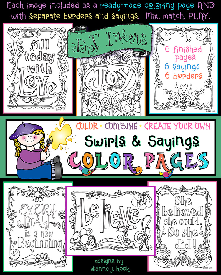 Printable adult coloring pages and clip art borders with Swirls and Sayings by DJ Inkers