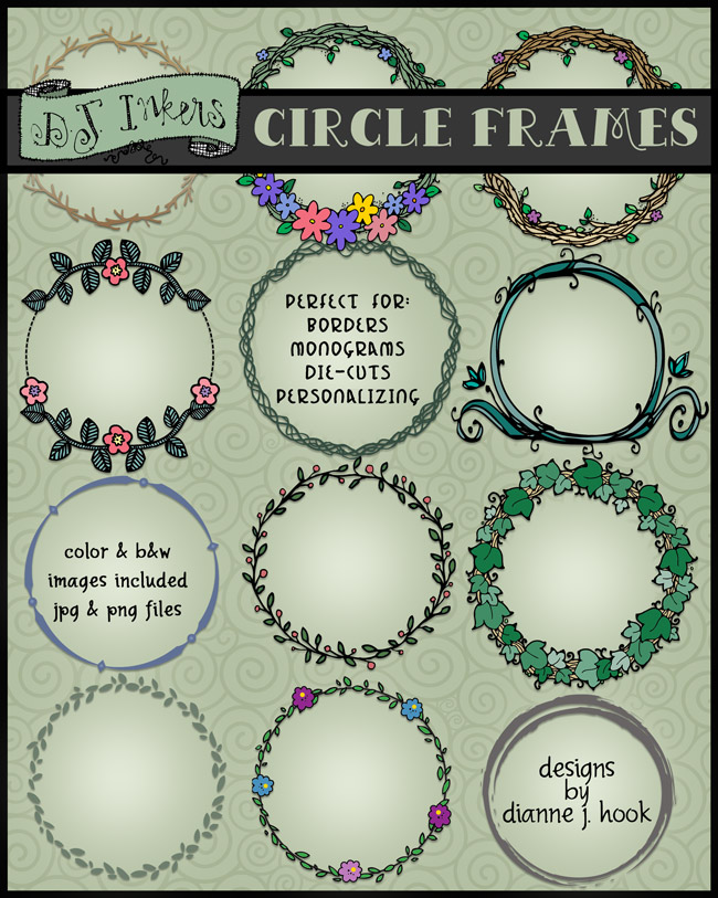 Circle Frames Spring Clip Art Wreaths and Text Blocks by DJ Inkers