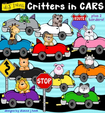 Cute clip art critters in colorful cars by DJ Inkers. Perfect for teachers, bulletin boards and learning colors.