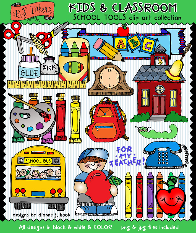 Clip art school supplies and smiles for teachers and classrooms by DJ Inkers