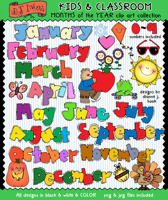 Months of the Year clip art for calendars, kids and classrooms by DJ Inkers
