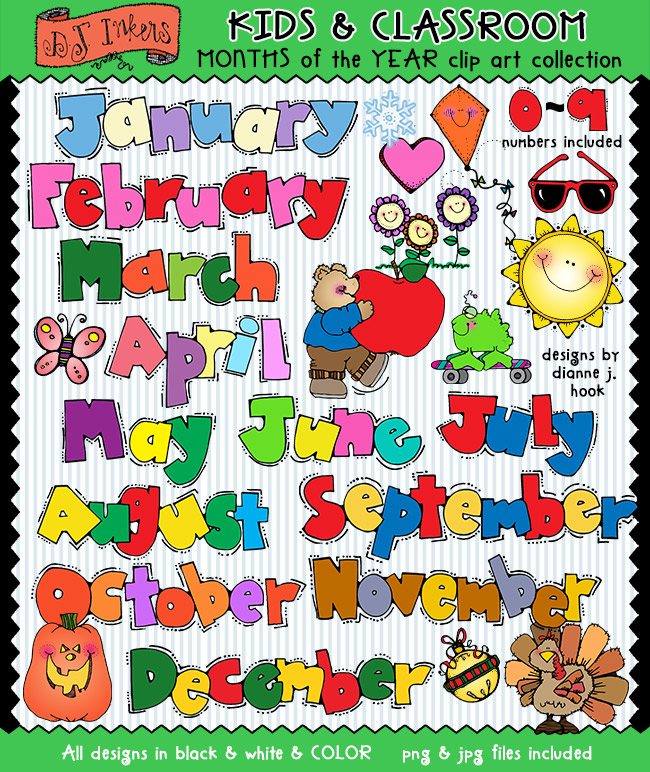 The name of all 12 months and cute seasonal clip art for each one DJ