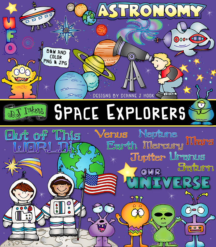 Space Explorers clip art for teachers and kids. Discover cute astronauts, planets, aliens and more.