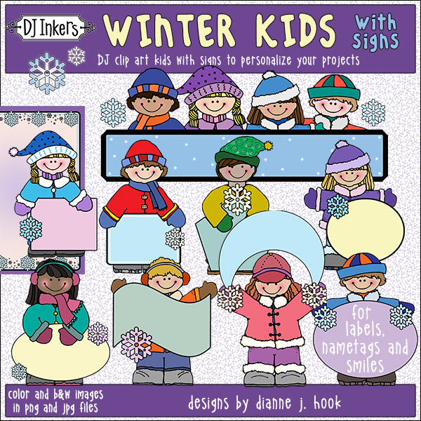 Winter Kids with Signs Clip Art Download