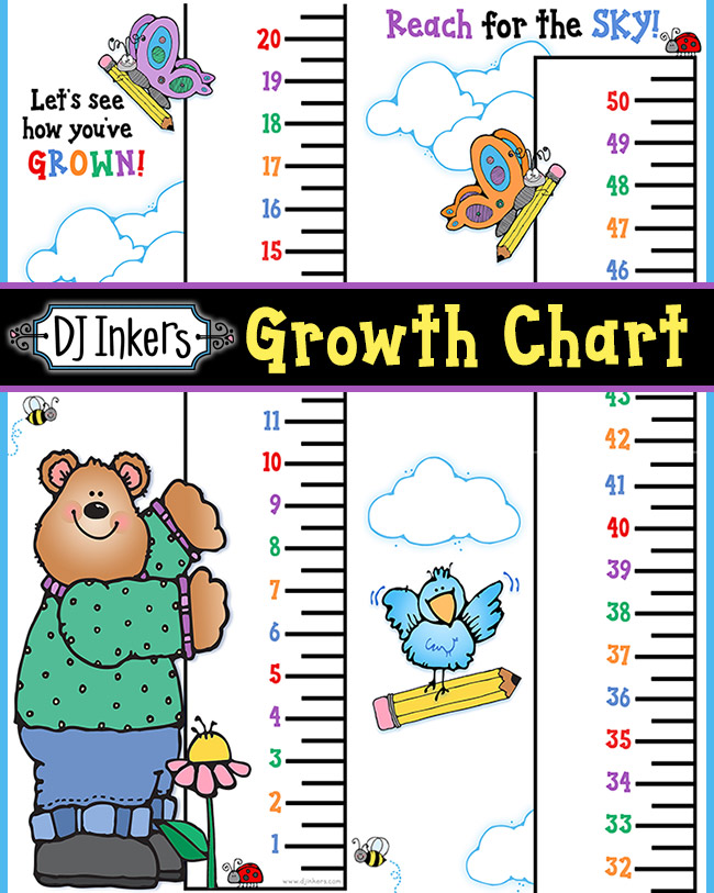Cute printable growth chart for measuring kids height in inches by DJ Inkers