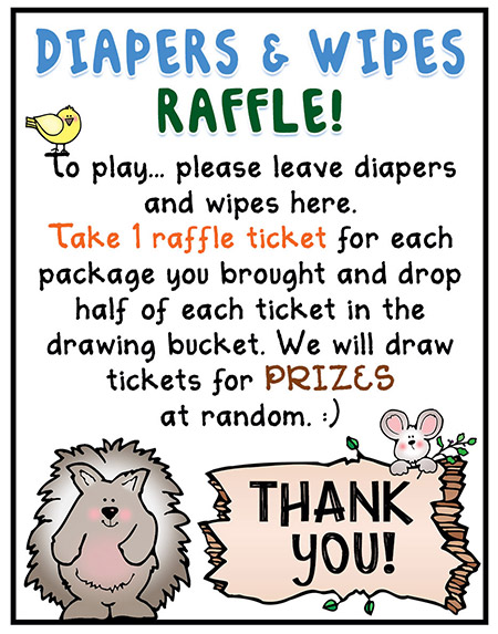 Diaper raffle sign made with DJ Inkers fonts and woodland critters clip art