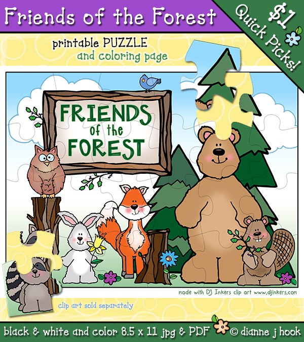 Friends of the Forest Printable Puzzle and Coloring Page