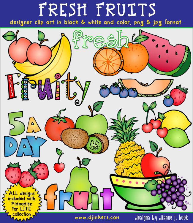 Fresh Fruit clip art for kids, gardens, farms and healthy smiles by DJ Inkers