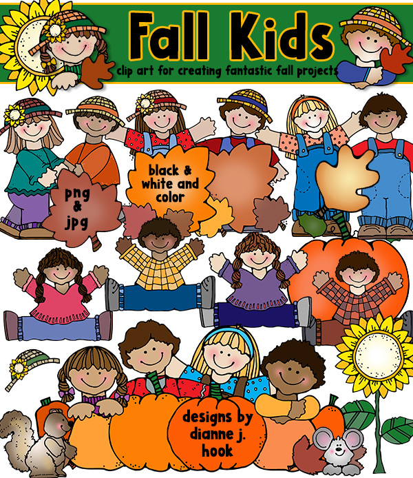 Cute kids clip art for fall leaves and autumn smiles at home or school by DJ Inkers
