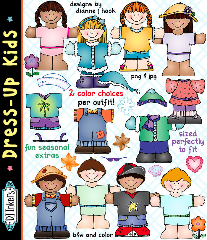 Fun printable Dress-Up Kids for paper dolls and teaching seasons -DJ Inkers