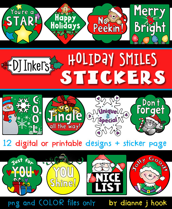 Christmas and happy holiday digital reward stickers for teachers, kids and classrooms -DJ Inkers