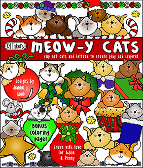 Meowy Christmas Cat Clip Art and Coloring Page
