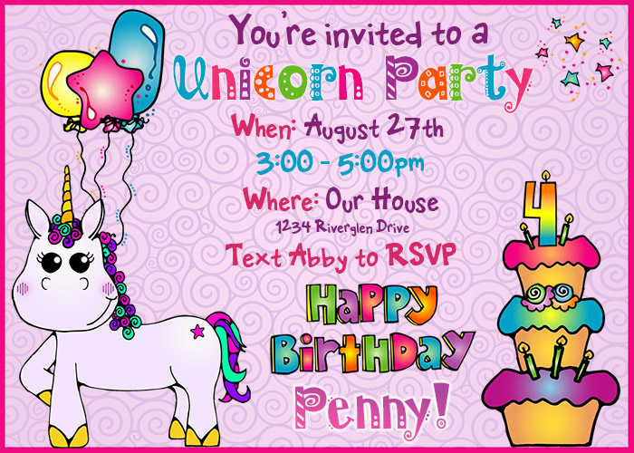 Unicorn birthday party invitation with clip art and fonts by DJ Inkers