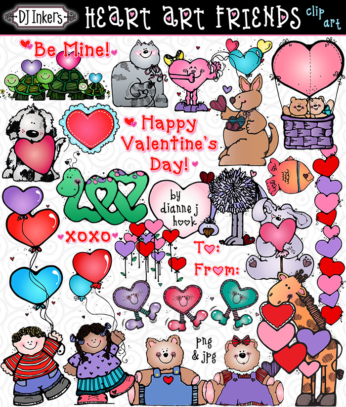 Cute Valentine clip art, kids and heart art friends by DJ Inkers