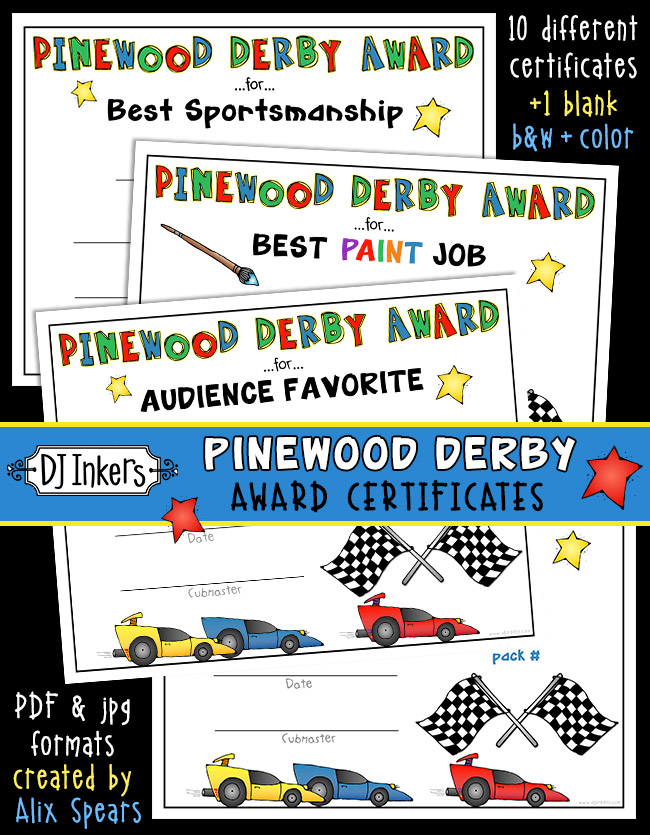 Pinewood Derby Awards Printable Certificates for Cub Scouts by DJ Inkers