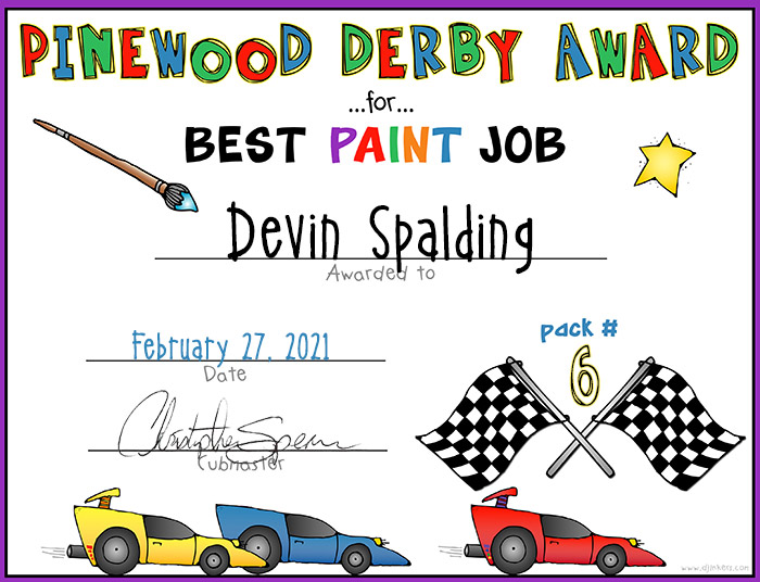 Pinewood Derby Awards Printable Certificates for Cub Scouts by DJ Inkers