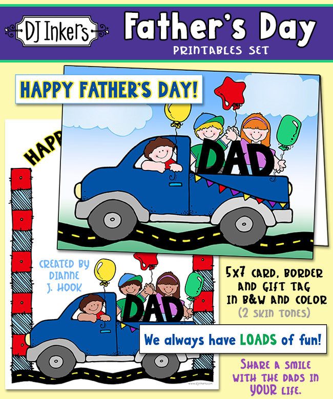 Father's Day card, border and gift tag for kids to print and make a smile for Dad by DJ Inkers