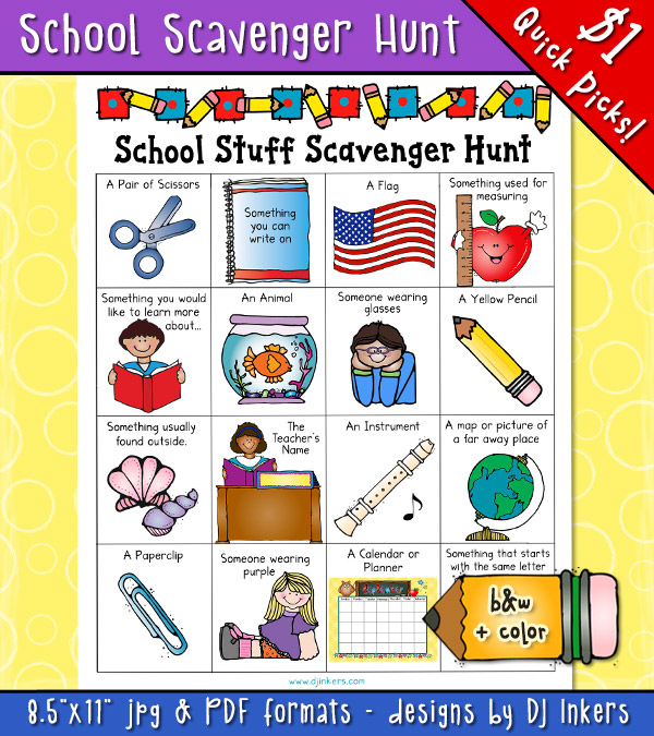 Print a fun Scavenger Hunt for back to school, classrooms, team building and more!