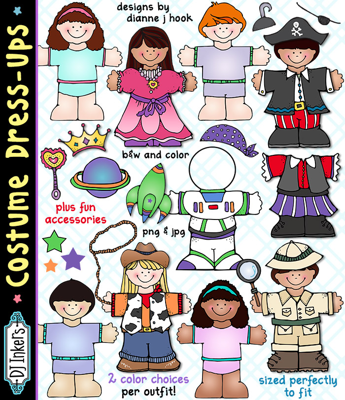 Fun printable costumes for your paper doll Dress-Up Kids -DJ Inkers