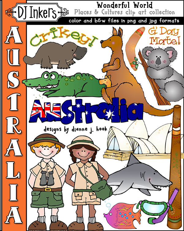 Fun kids clip art for learning about Australia - the land down under - by DJ Inkers