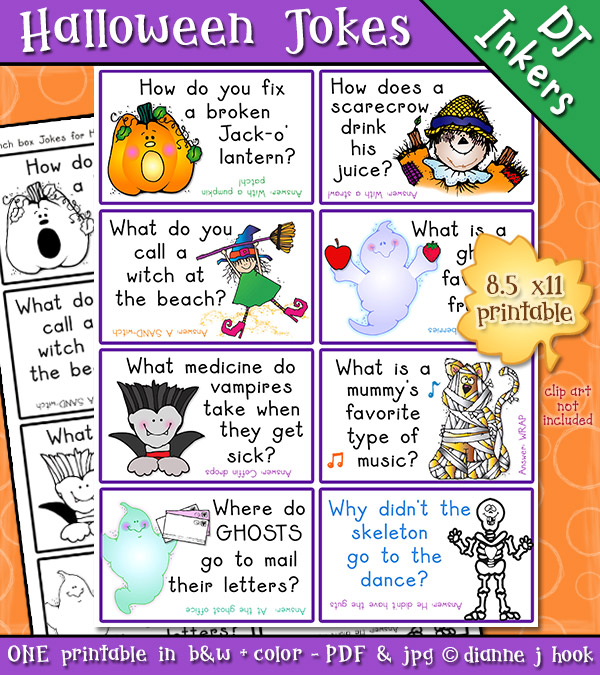 Printable Halloween joke cards for kids by DJ Inkers
