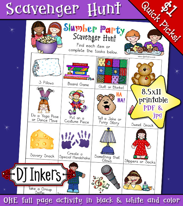 Slumber Party Scavenger Hunt Printable Activity for sleepovers by DJ Inkers