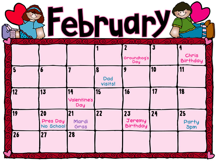 February clip art and calendar for kids by DJ Inkers