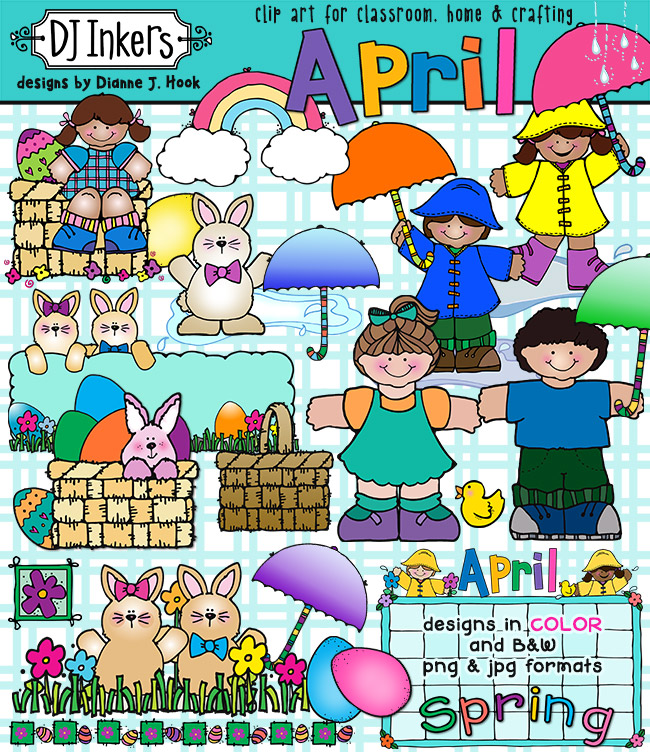 April Calendar and Kids clip art for spring and Easter smiles by DJ Inkers