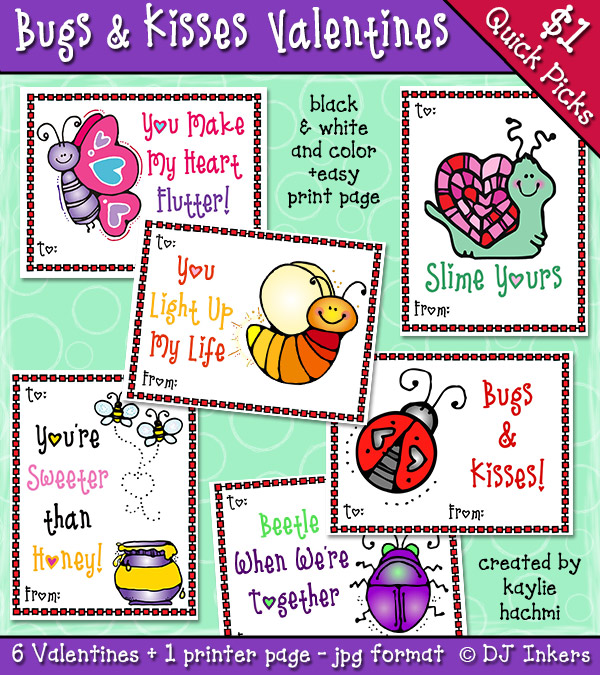 Bugs and Kisses - Digital or Printable Valentines