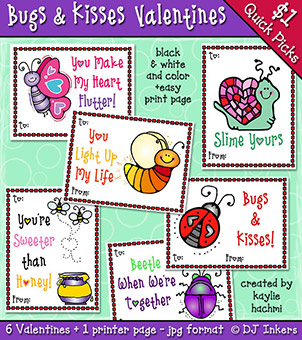 Bugs and Kisses - Digital or Printable Valentines