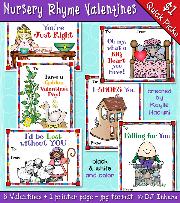 Nursery Rhyme Valentines made with cute kids clip art by DJ Inkers
