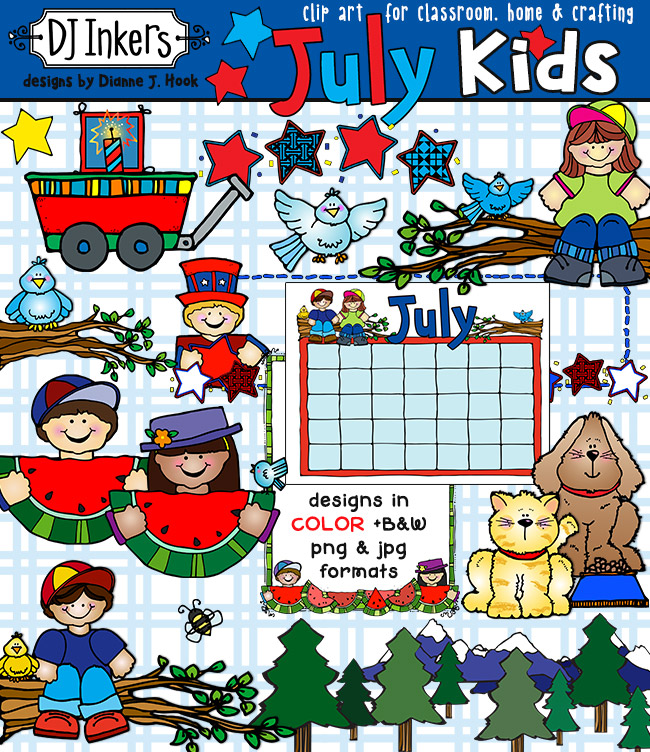 Cute clip art kids for July and summer fun by DJ Inkers