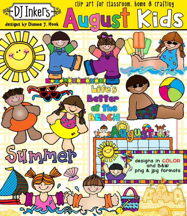 Cute Kids clip art for August and fun in the summer sun by DJ Inkers