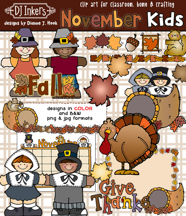 November Kids - cute Thanksgiving clip art by DJ Inkers