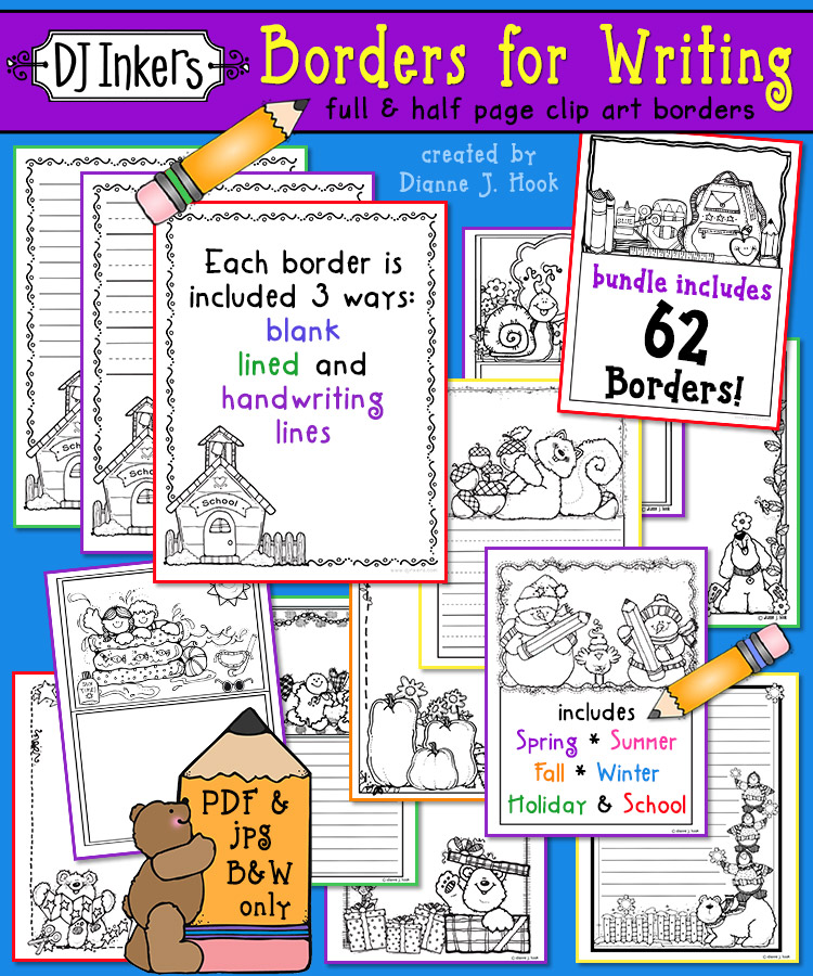 Cute clip art borders for writing prompts, handwriting practice, journals and more