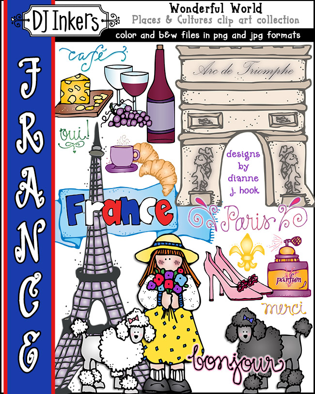 Cute clip art for France, Paris and French class by DJ Inkers. Great for travel, country study and more.