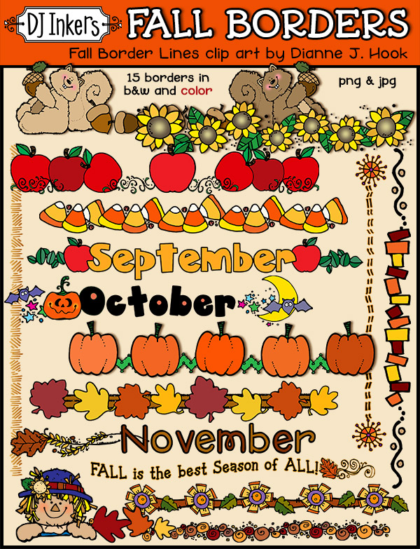 Cute clip art page borders for fall and autumn by DJ Inkers