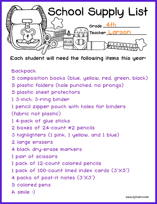 School Supply List - Printable Freebie