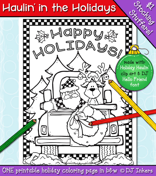 Happy Holidays coloring page with Santa and a reindeer in an old truck by DJ Inkers