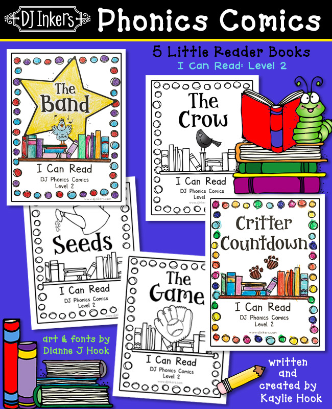 5 Phonics Comics printable mini books for early readers by DJ Inkers