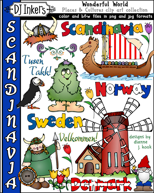 Cute Nordic country clip art for Scandinavian countries: Denmark, Norway and Sweden by DJ Inkers