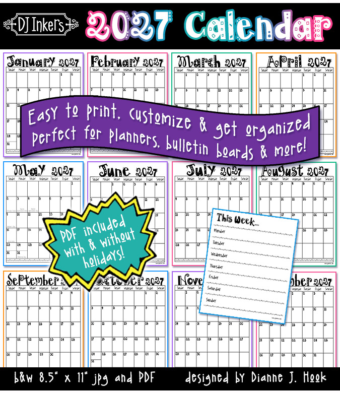 2027 Printable Calendar by DJ Inkers