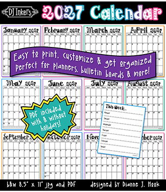 2027 Printable Calendar by DJ Inkers