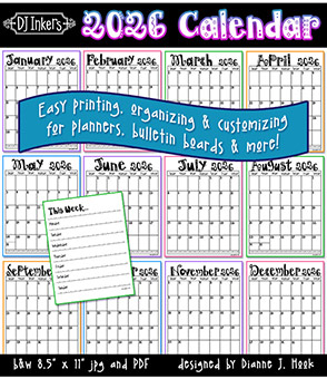 2026 Printable Calendar Download by DJ Inkers
