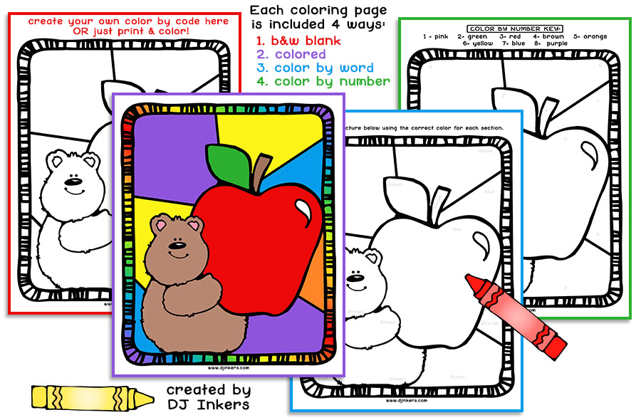 Color By Code - School Bear Printable Coloring Pages